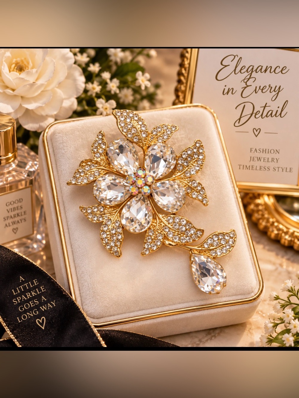 Gold Crystal Flower Brooch Pin - Elegant Sparkling Floral Jewelry